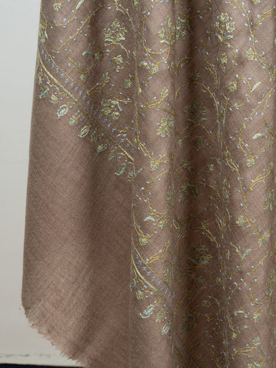 2.5 Yards Sozni Hand Embroidered Shawl in Mocha Brown Floral Veil