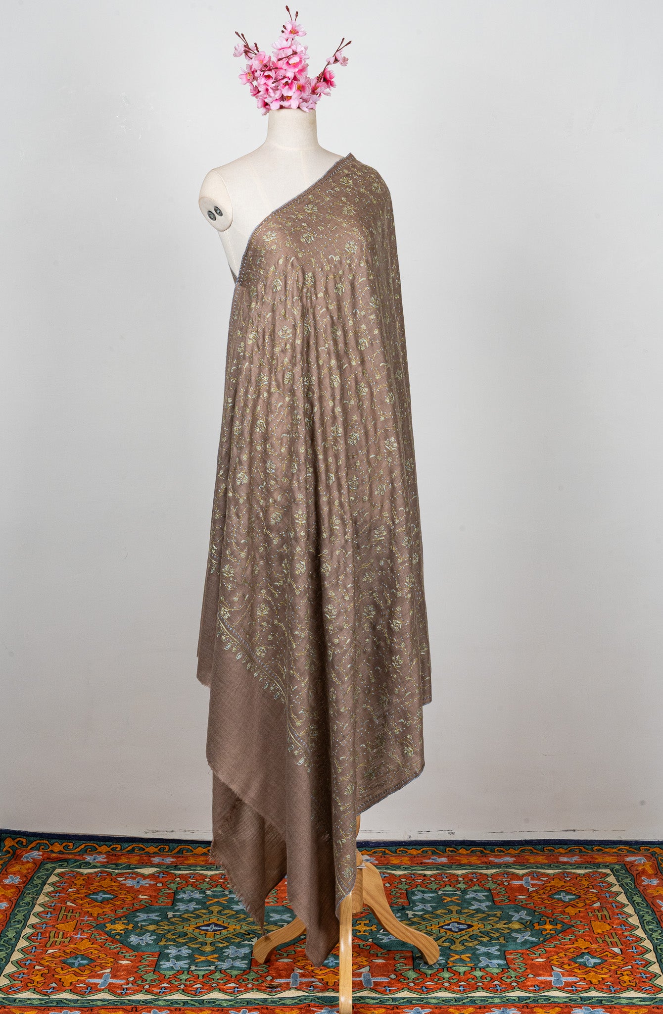 2.5 Yards Sozni Hand Embroidered Shawl in Mocha Brown Floral Veil