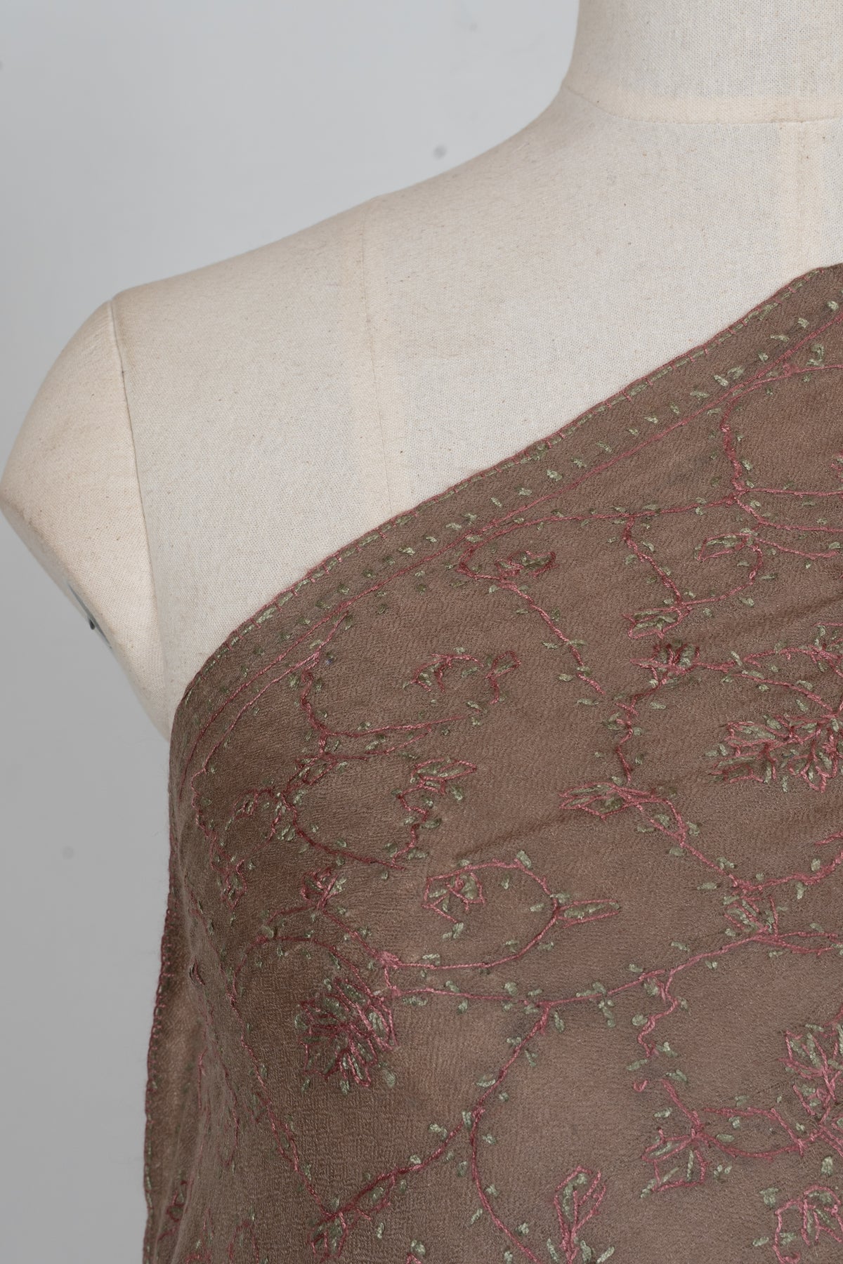 Cocoa Rose Whisper: Merino Wool Hand Embroidered 2.5 Yards Shawl