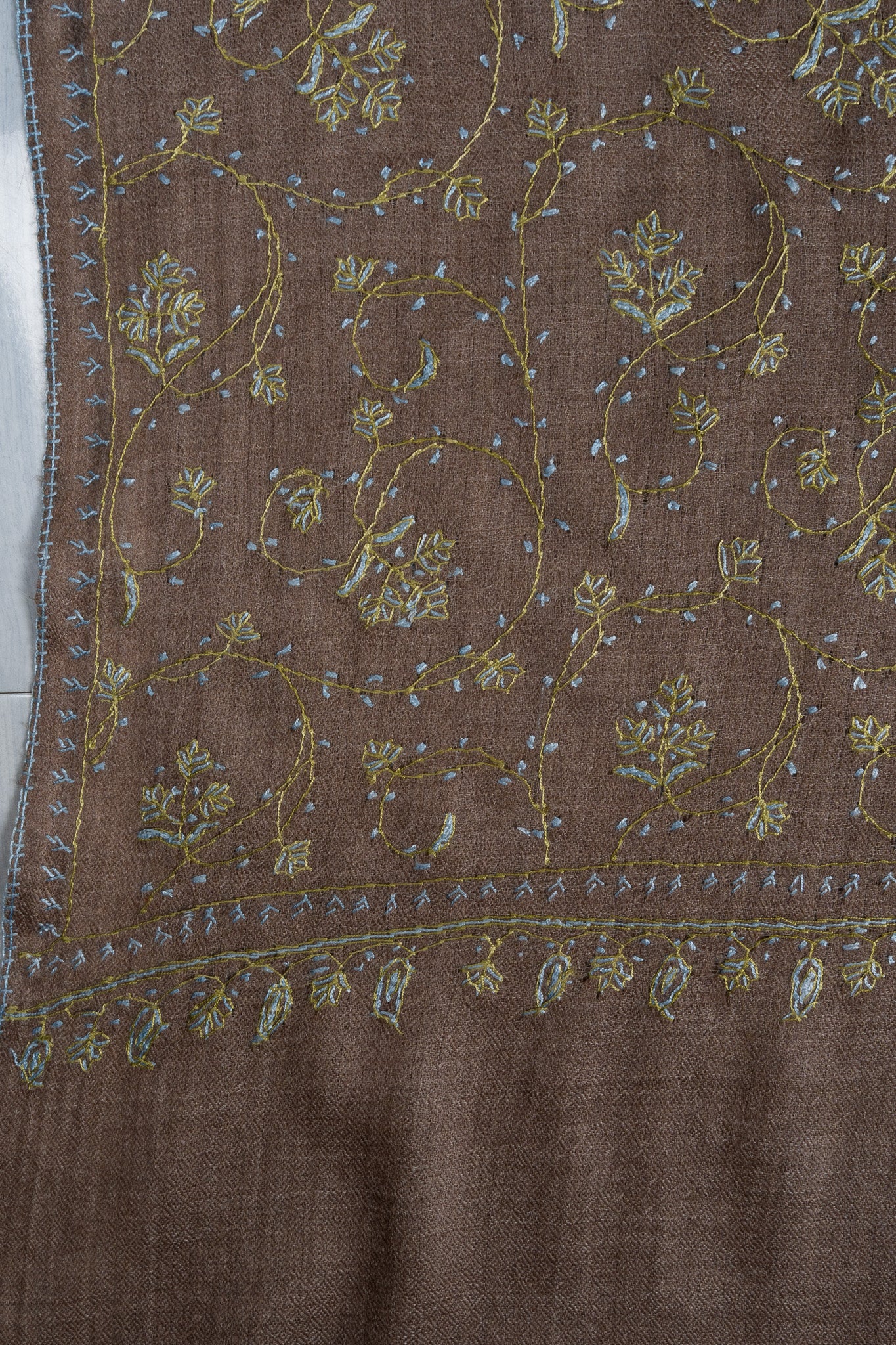 2.5 Yards Sozni Hand Embroidered Shawl in Mocha Brown Floral Veil