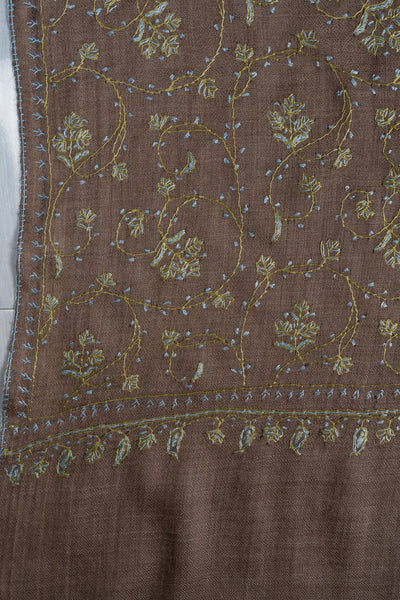 2.5 Yards Sozni Hand Embroidered Shawl in Mocha Brown Floral Veil