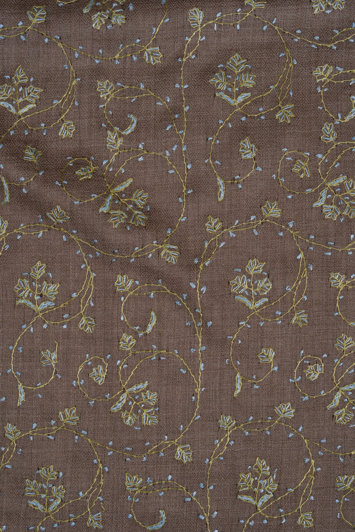 2.5 Yards Sozni Hand Embroidered Shawl in Mocha Brown Floral Veil