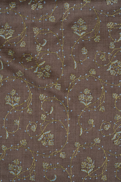 2.5 Yards Sozni Hand Embroidered Shawl in Mocha Brown Floral Veil