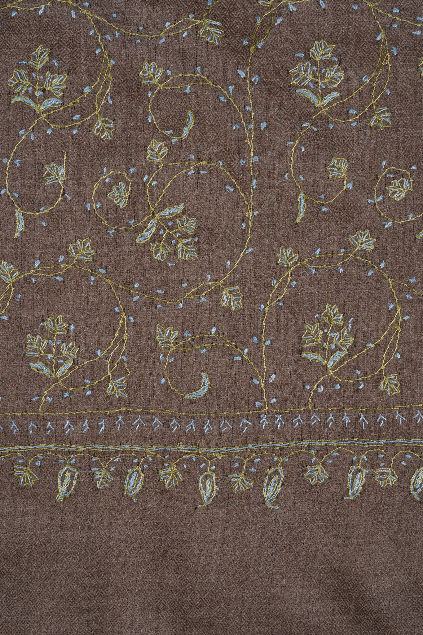 2.5 Yards Sozni Hand Embroidered Shawl in Mocha Brown Floral Veil