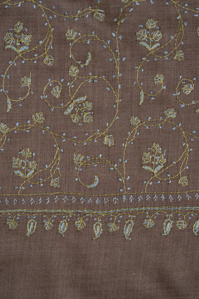 2.5 Yards Sozni Hand Embroidered Shawl in Mocha Brown Floral Veil
