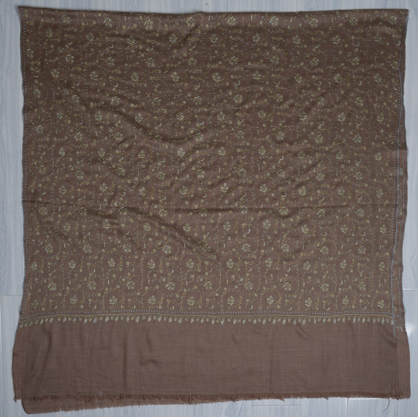 2.5 Yards Sozni Hand Embroidered Shawl in Mocha Brown Floral Veil