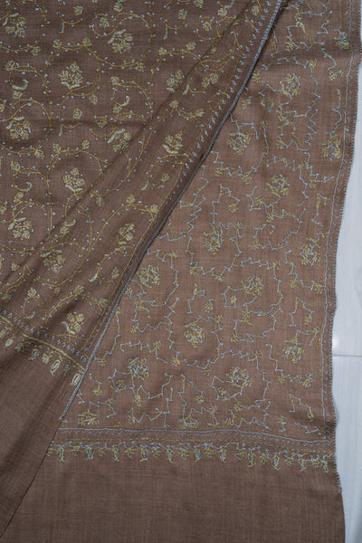 2.5 Yards Sozni Hand Embroidered Shawl in Mocha Brown Floral Veil