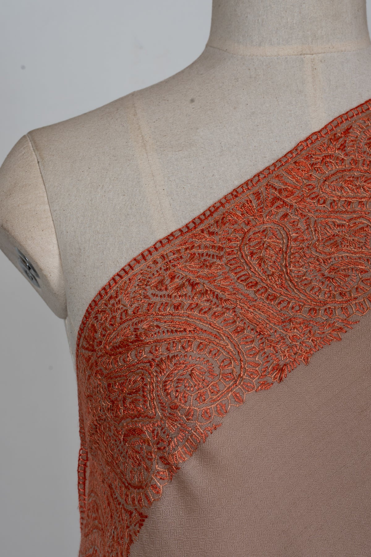 Desert Blush Paisley Edge: Merino Wool Hand Embroidered 2.5 Yards Shawl