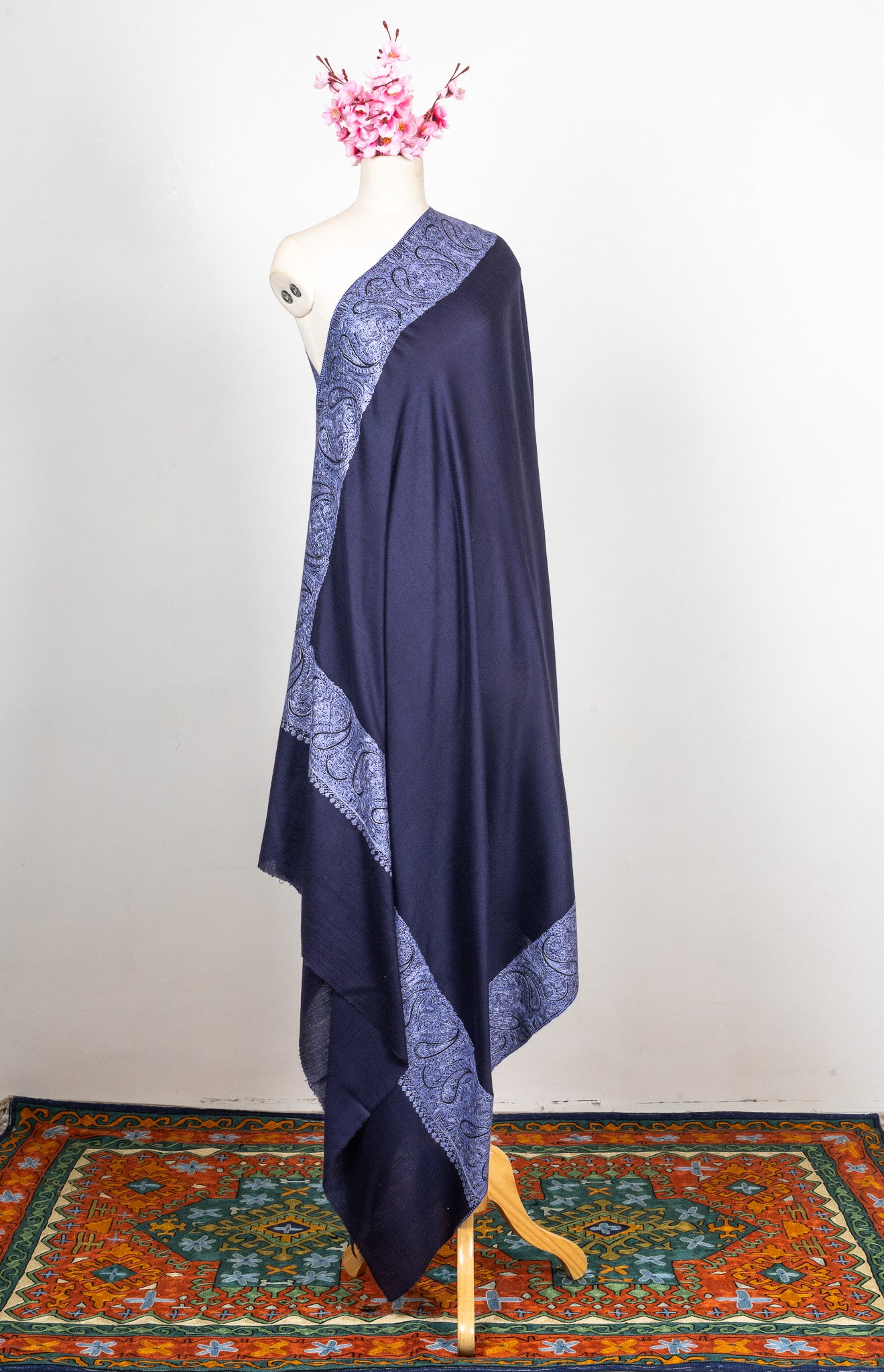 2.5 Yards Sozni Hand Embroidered Shawl in Royal Navy Paisley Frame