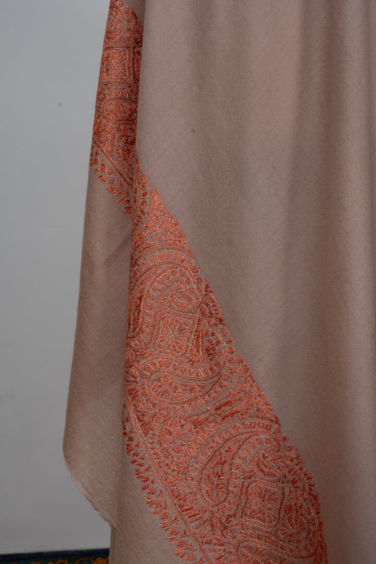 Desert Blush Paisley Edge: Merino Wool Hand Embroidered 2.5 Yards Shawl