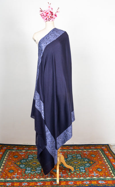 2.5 Yards Sozni Hand Embroidered Shawl in Royal Navy Paisley Frame
