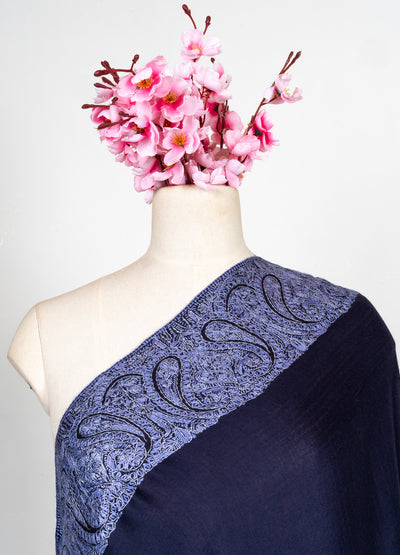 2.5 Yards Sozni Hand Embroidered Shawl in Royal Navy Paisley Frame