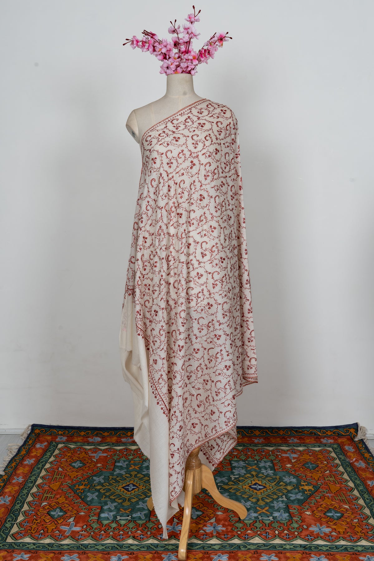 Ivory Scarlet Vine Grace: Merino Wool Hand Embroidered 2.5 Yards Shawl