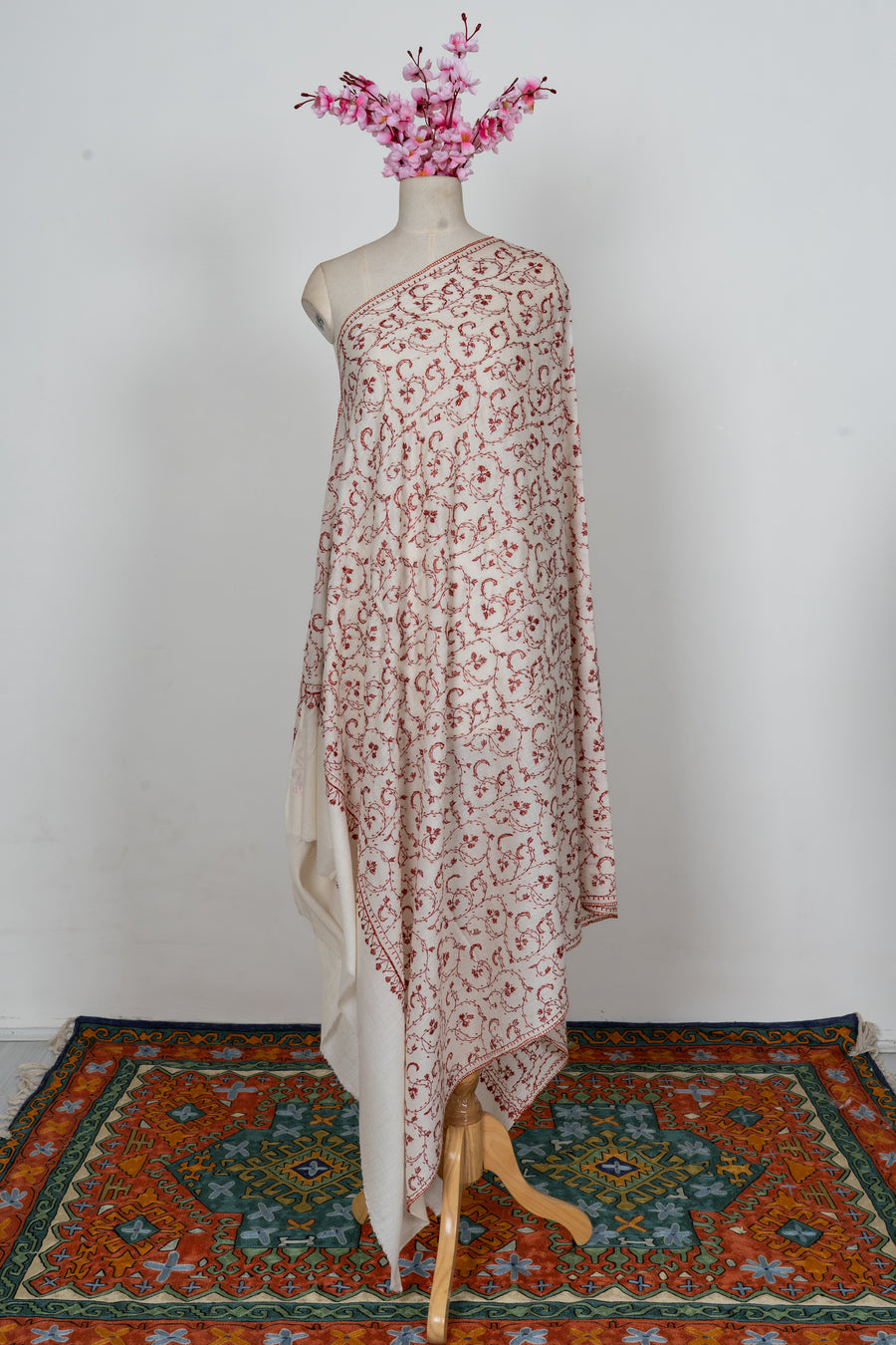 Ivory Scarlet Vine Grace: Merino Wool Hand Embroidered 2.5 Yards Shawl