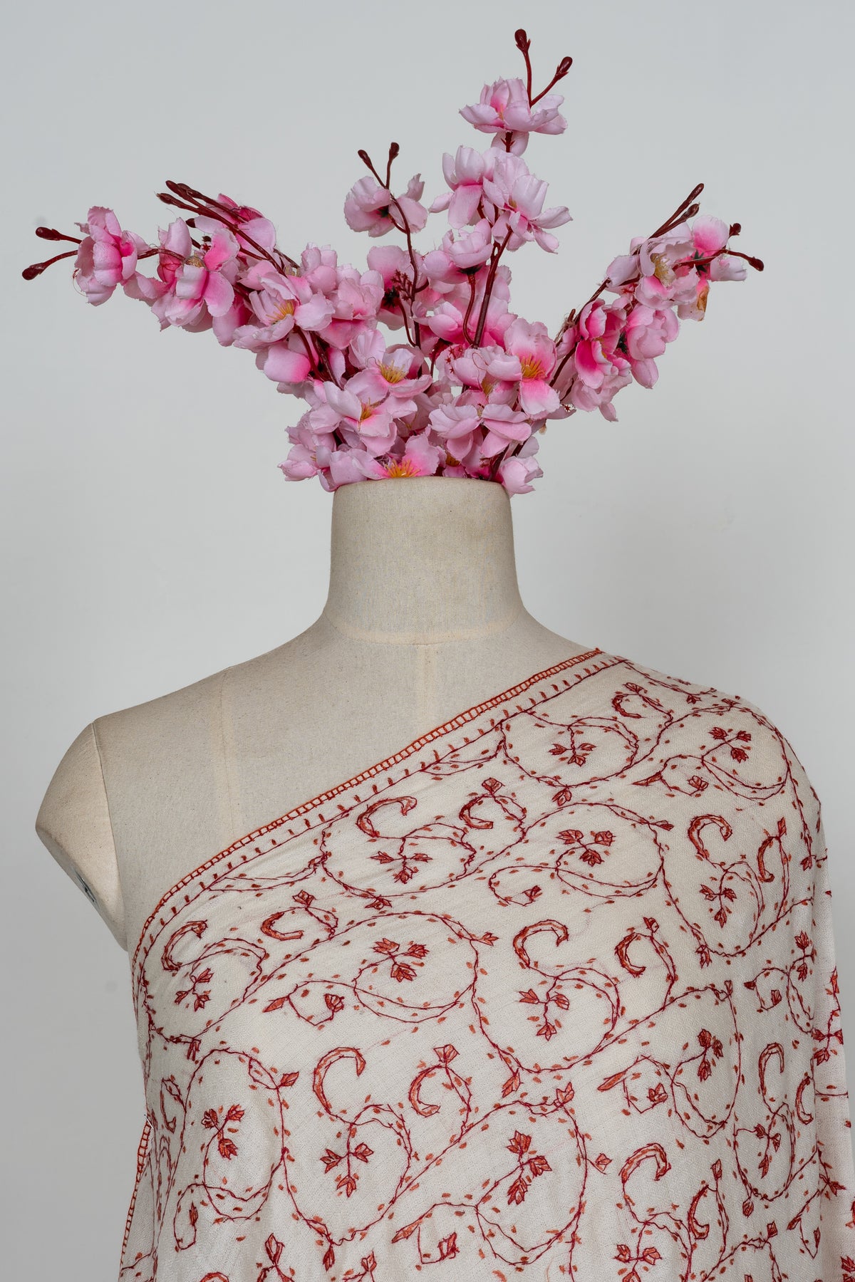 Ivory Scarlet Vine Grace: Merino Wool Hand Embroidered 2.5 Yards Shawl