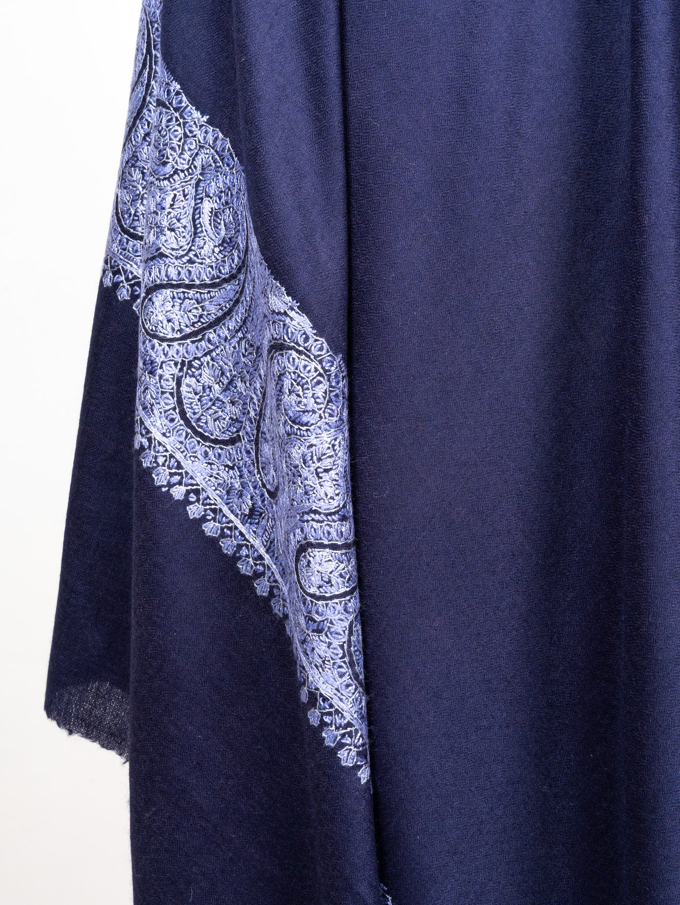 2.5 Yards Sozni Hand Embroidered Shawl in Royal Navy Paisley Frame