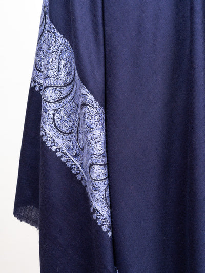 2.5 Yards Sozni Hand Embroidered Shawl in Royal Navy Paisley Frame