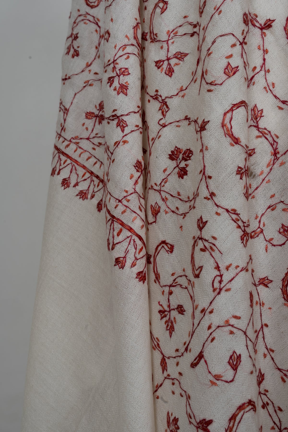 Ivory Scarlet Vine Grace: Merino Wool Hand Embroidered 2.5 Yards Shawl