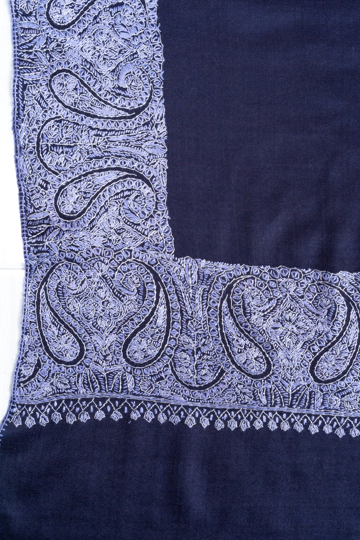 2.5 Yards Sozni Hand Embroidered Shawl in Royal Navy Paisley Frame