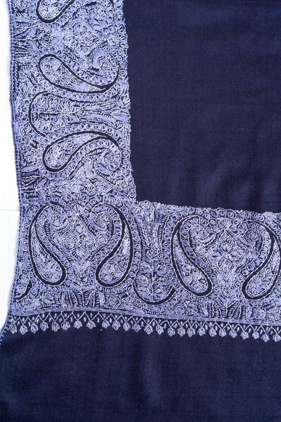 2.5 Yards Sozni Hand Embroidered Shawl in Royal Navy Paisley Frame