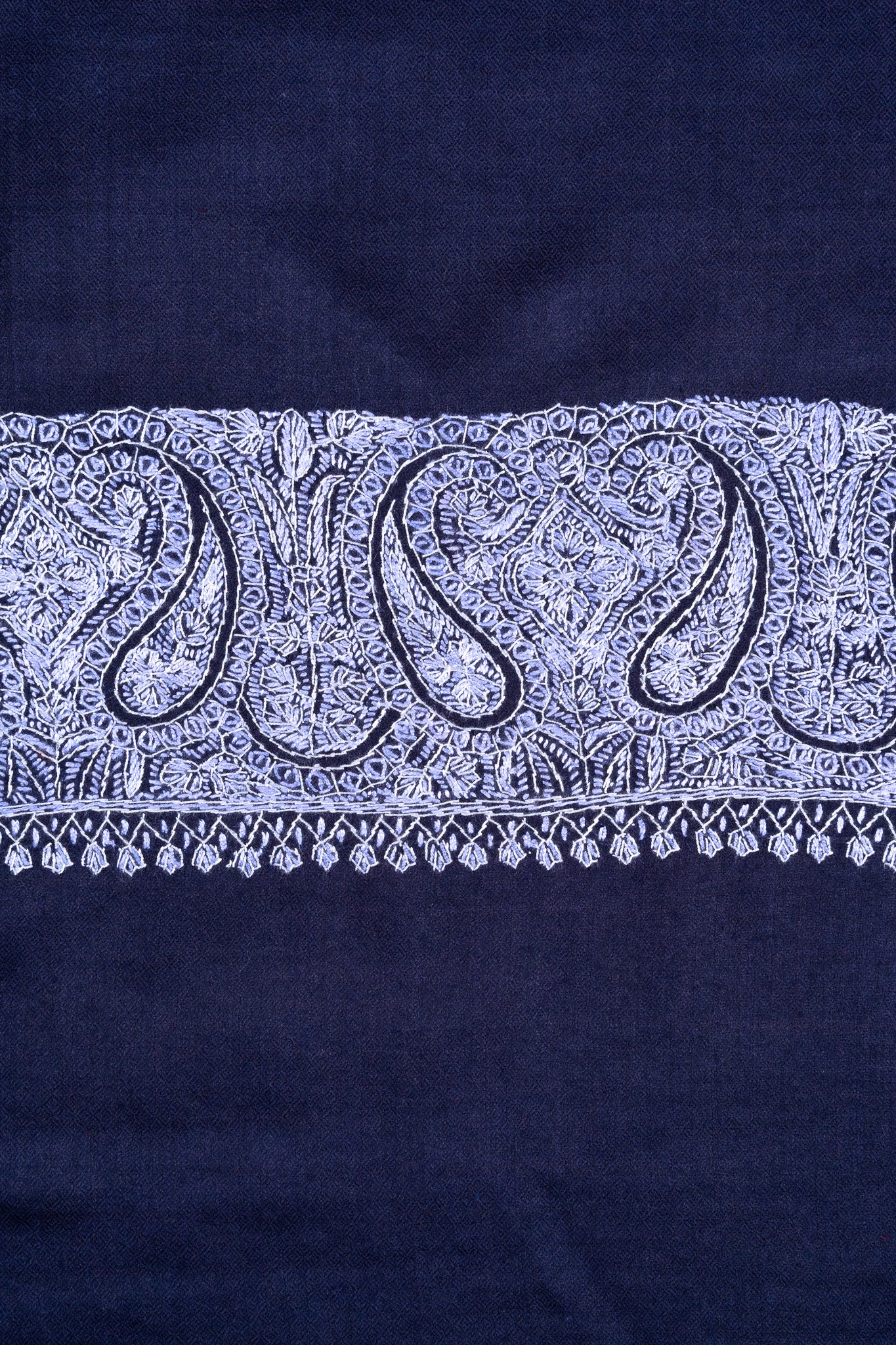 2.5 Yards Sozni Hand Embroidered Shawl in Royal Navy Paisley Frame