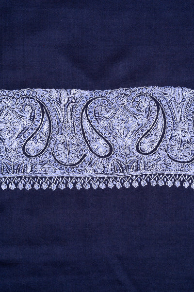 2.5 Yards Sozni Hand Embroidered Shawl in Royal Navy Paisley Frame
