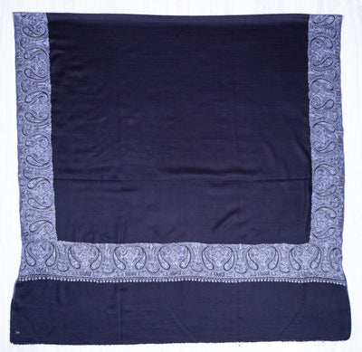 2.5 Yards Sozni Hand Embroidered Shawl in Royal Navy Paisley Frame