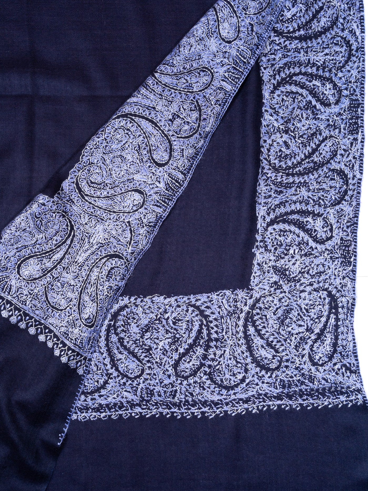 2.5 Yards Sozni Hand Embroidered Shawl in Royal Navy Paisley Frame