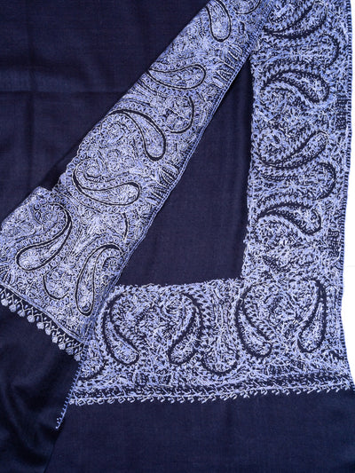 2.5 Yards Sozni Hand Embroidered Shawl in Royal Navy Paisley Frame