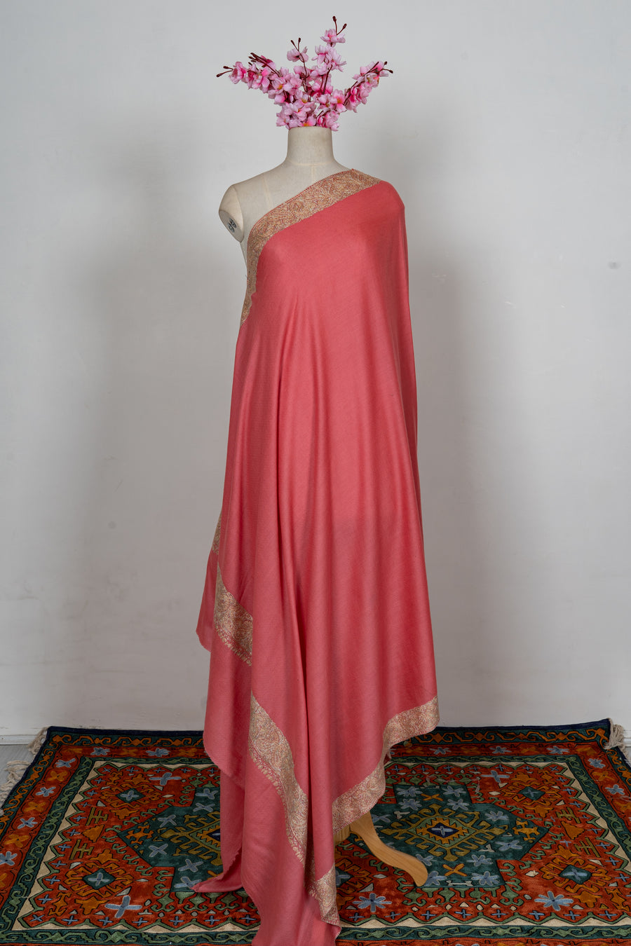 Coral Gold Classic Edge: Merino Wool Hand Embroidered 2.5 Yards Shawl