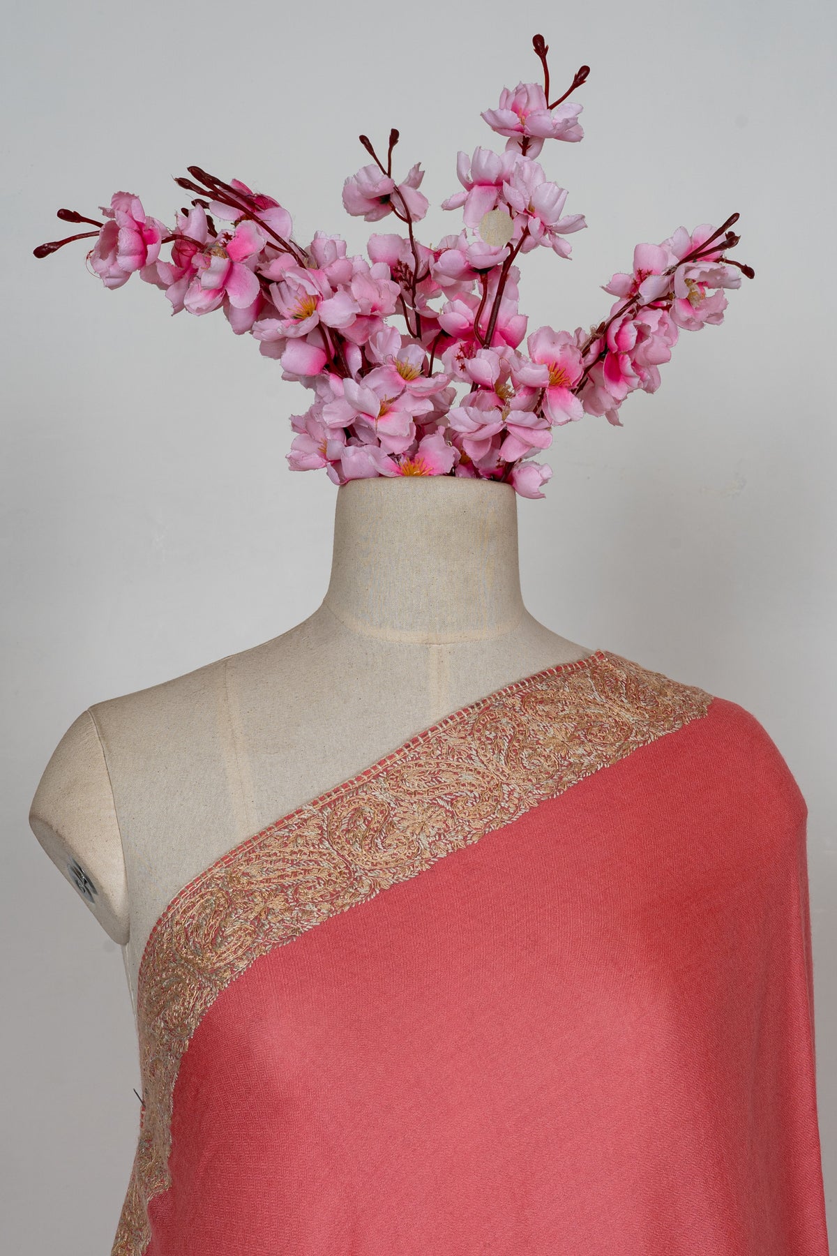 Coral Gold Classic Edge: Merino Wool Hand Embroidered 2.5 Yards Shawl