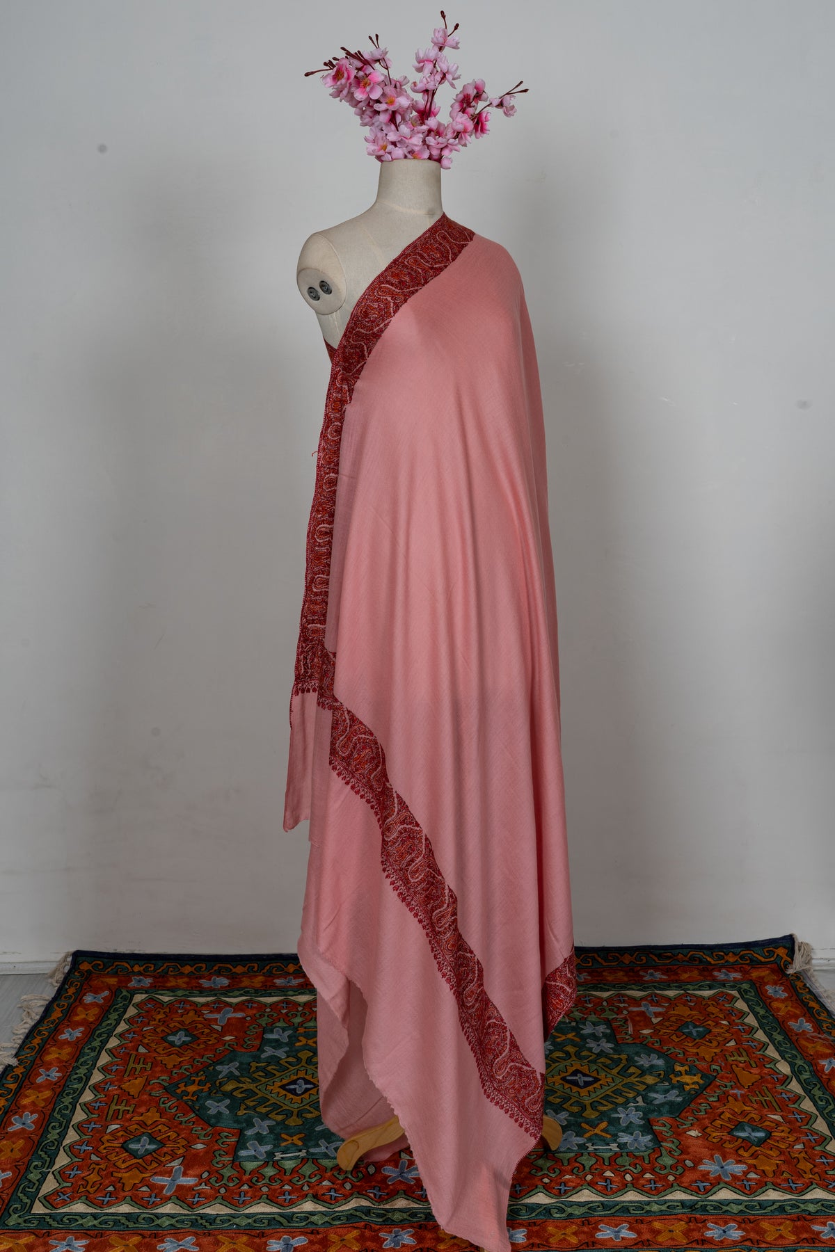 Blush Rose Regal Border: Merino Wool Hand Embroidered 2.5 Yards Shawl