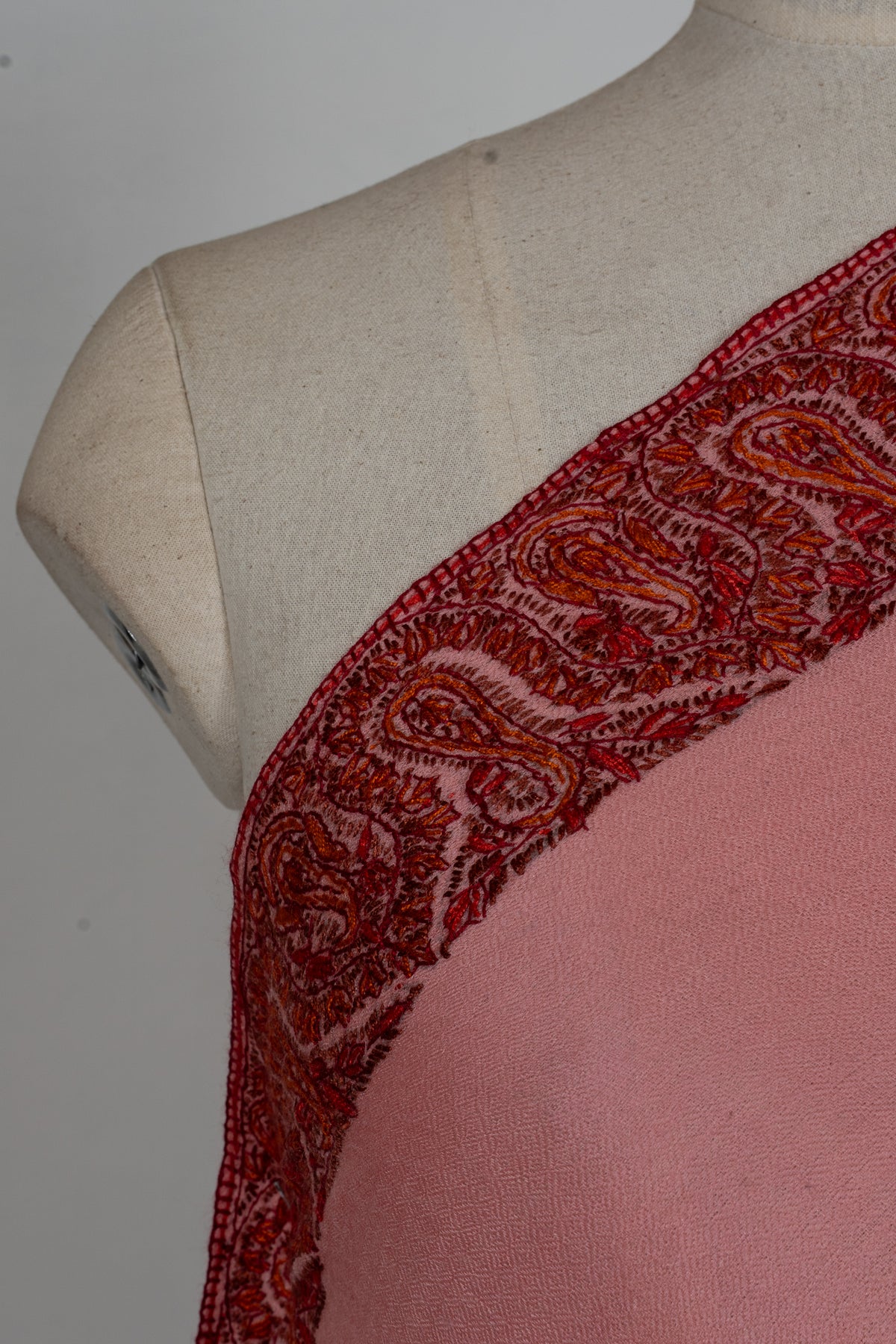 Blush Rose Regal Border: Merino Wool Hand Embroidered 2.5 Yards Shawl