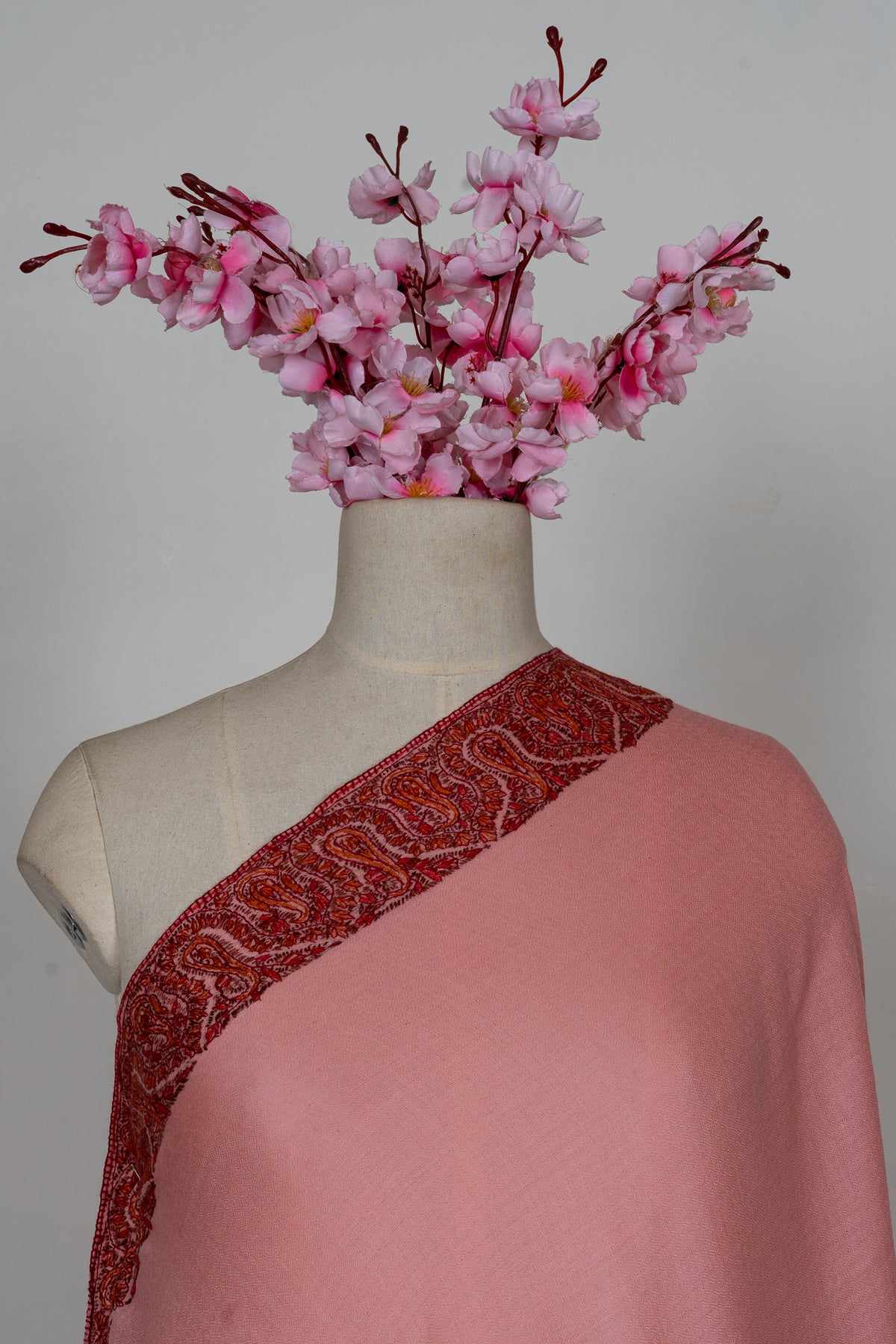 Blush Rose Regal Border: Merino Wool Hand Embroidered 2.5 Yards Shawl