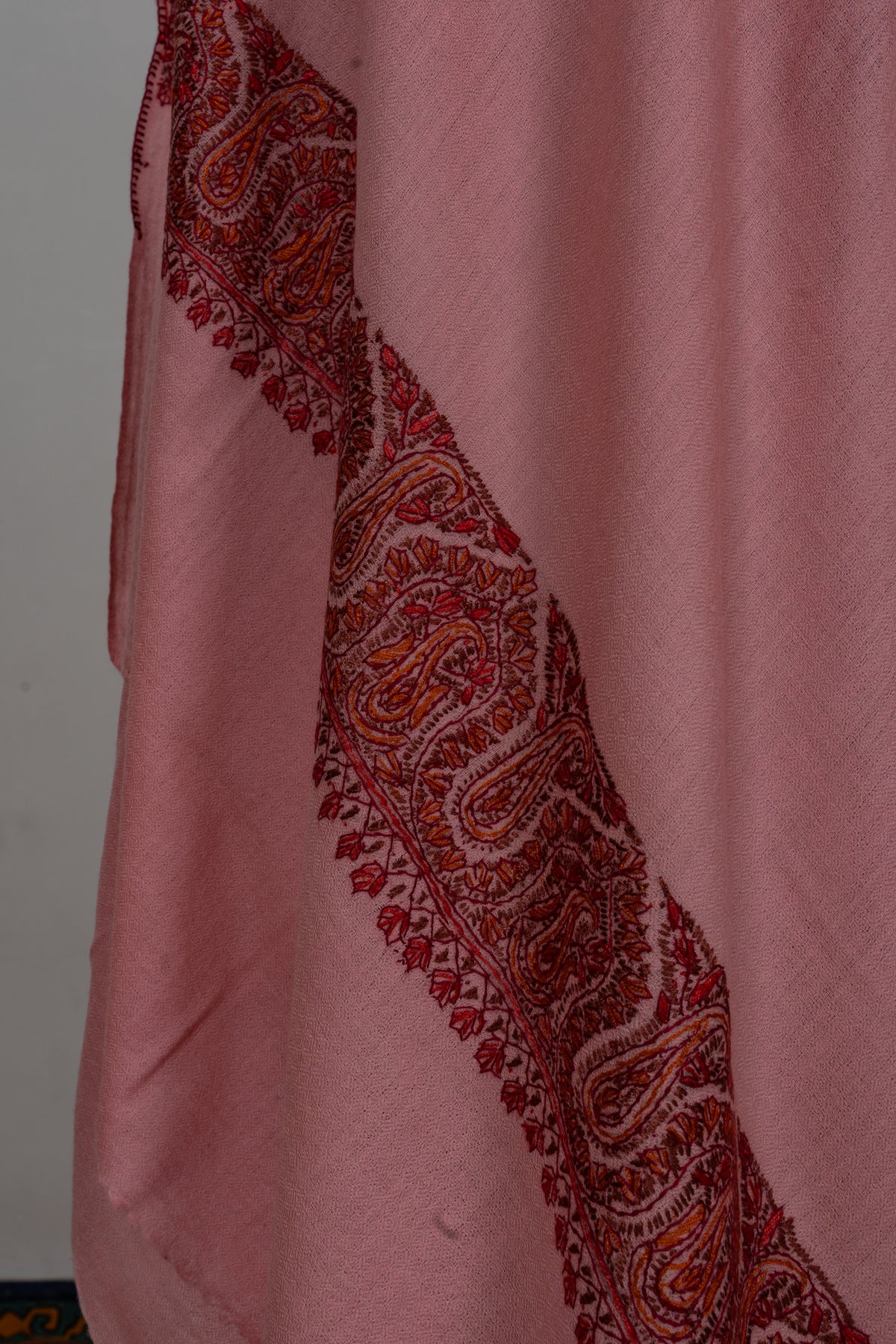 Blush Rose Regal Border: Merino Wool Hand Embroidered 2.5 Yards Shawl