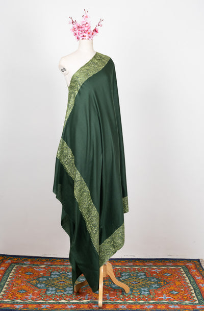 2.5 Yards Sozni Hand Embroidered Shawl in Forest Green Paisley Panel