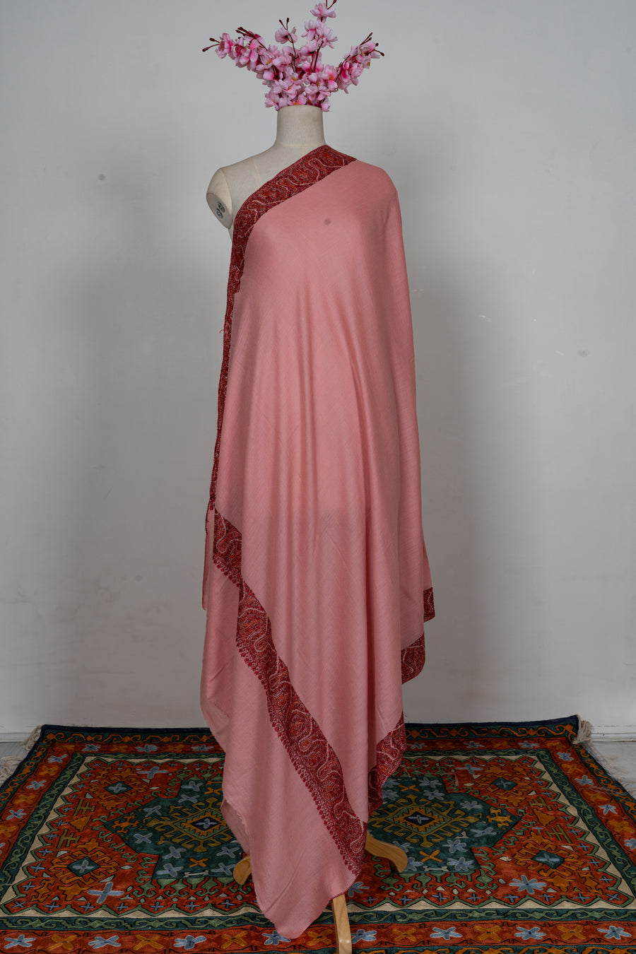 Blush Rose Regal Border: Merino Wool Hand Embroidered 2.5 Yards Shawl
