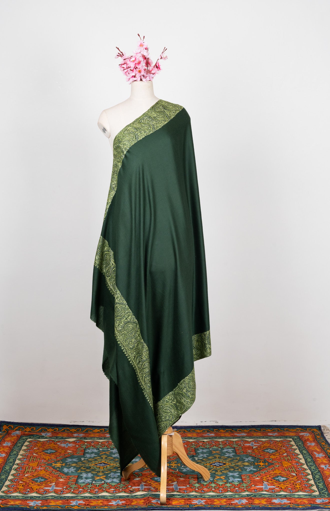 2.5 Yards Sozni Hand Embroidered Shawl in Forest Green Paisley Panel