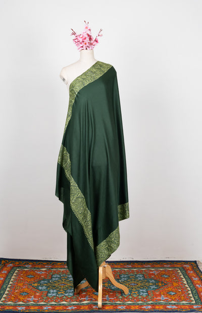 2.5 Yards Sozni Hand Embroidered Shawl in Forest Green Paisley Panel