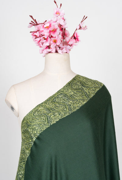 2.5 Yards Sozni Hand Embroidered Shawl in Forest Green Paisley Panel
