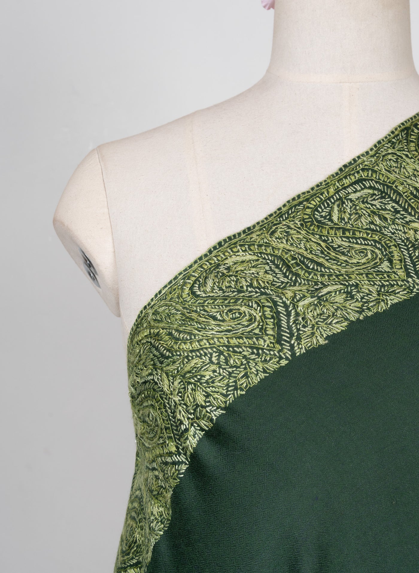 2.5 Yards Sozni Hand Embroidered Shawl in Forest Green Paisley Panel