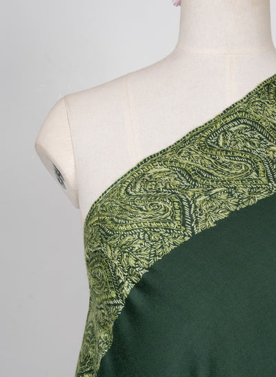2.5 Yards Sozni Hand Embroidered Shawl in Forest Green Paisley Panel