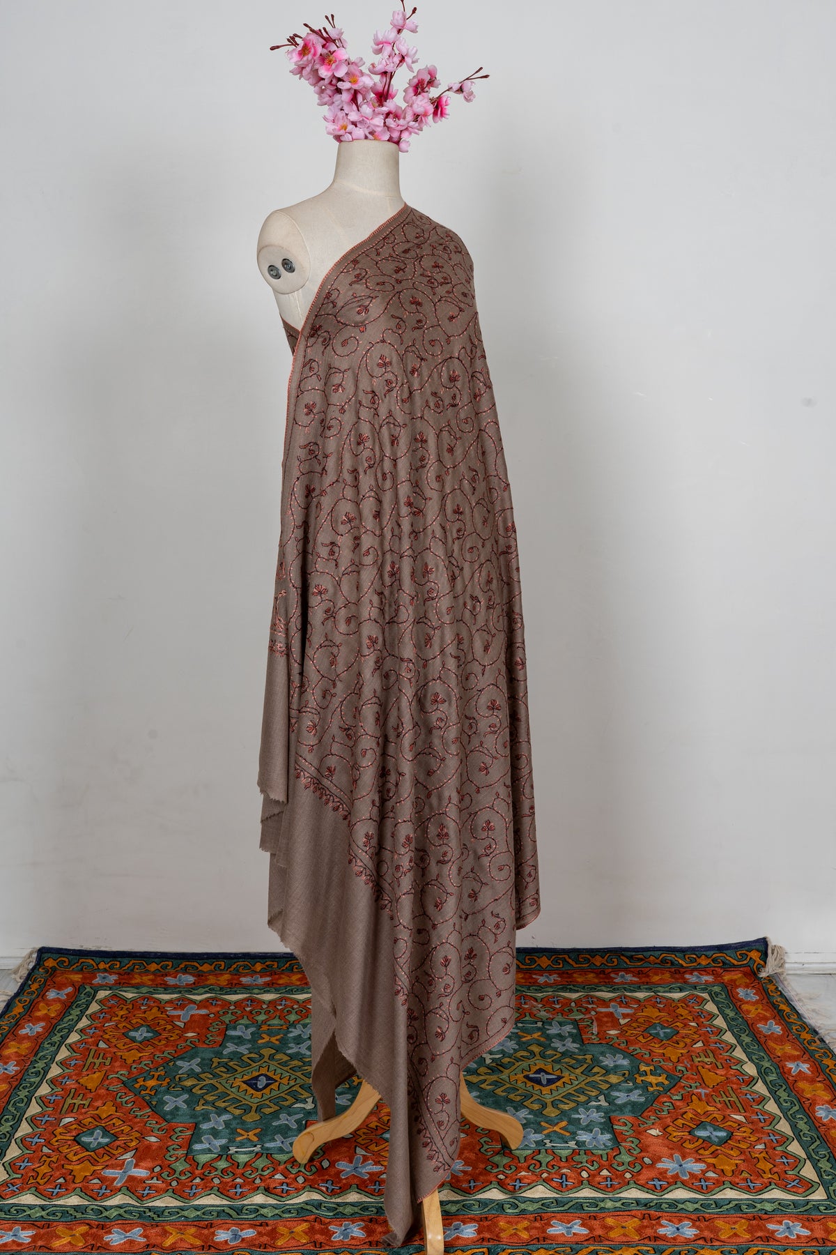 Cocoa Vine Elegance: Merino Wool Hand Embroidered 2.5 Yards Shawl