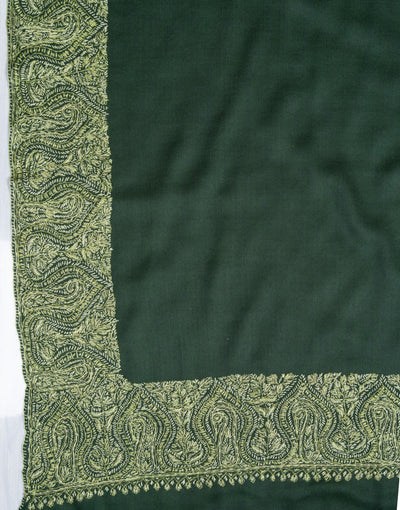 2.5 Yards Sozni Hand Embroidered Shawl in Forest Green Paisley Panel