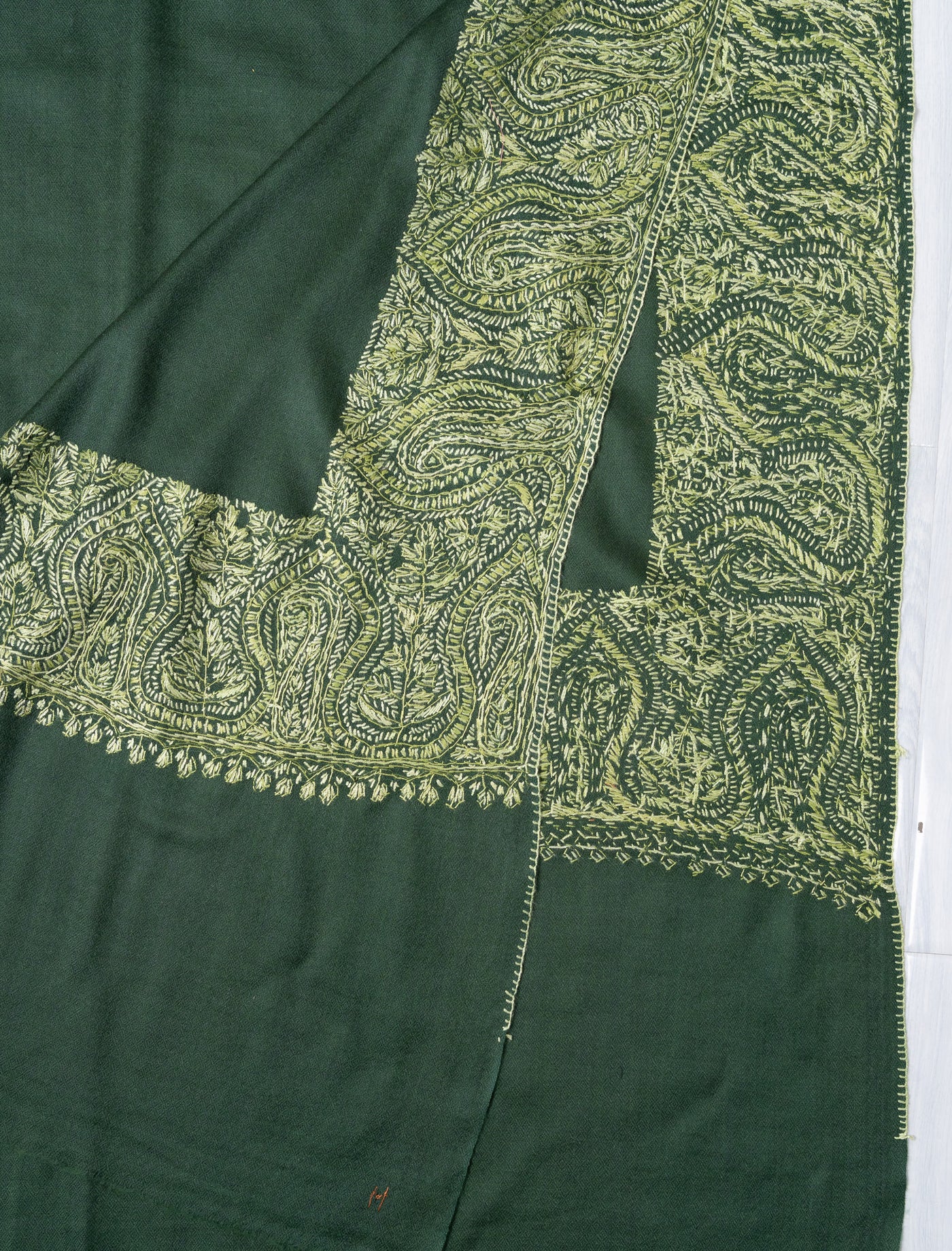 2.5 Yards Sozni Hand Embroidered Shawl in Forest Green Paisley Panel