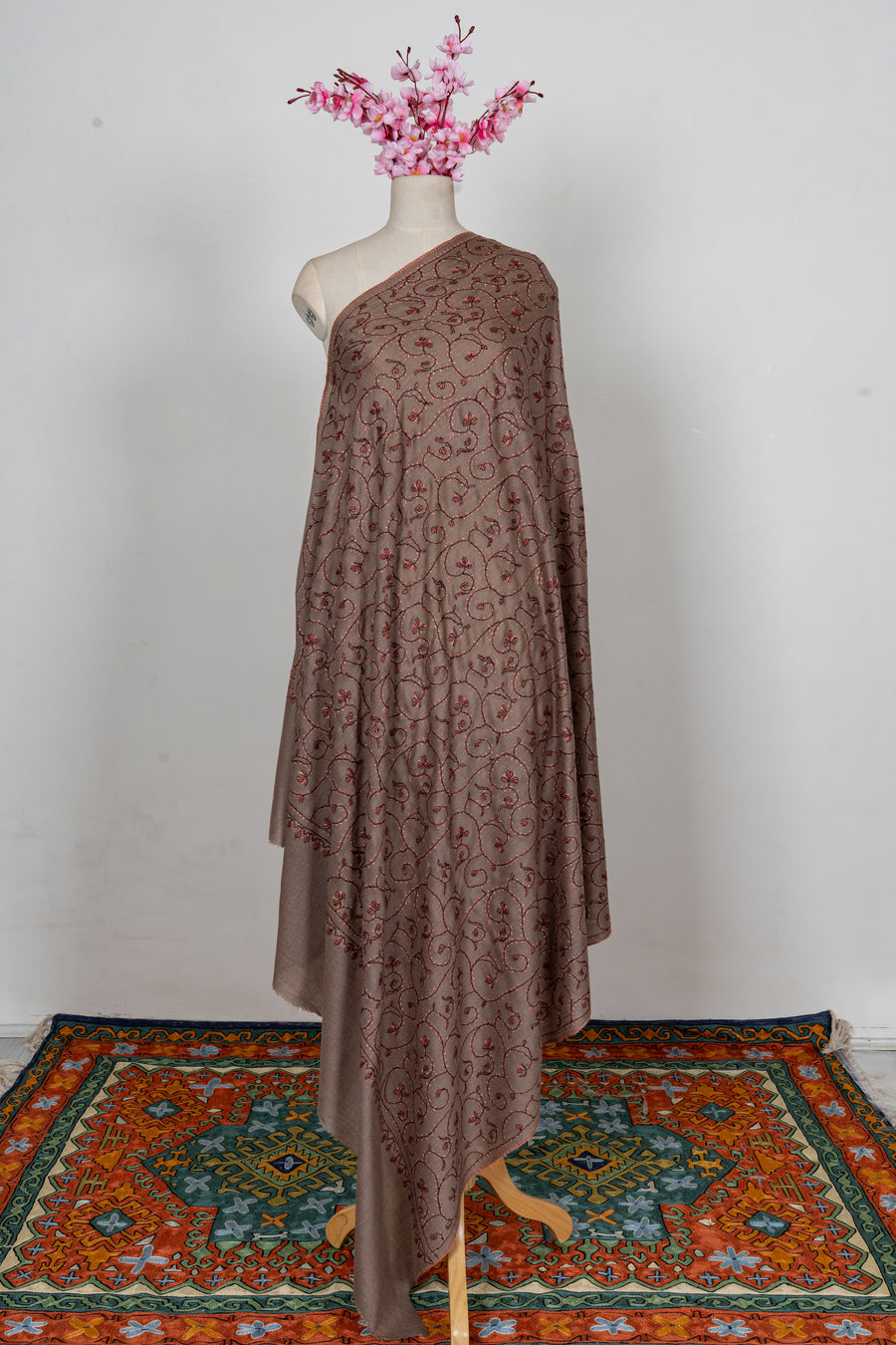 Cocoa Vine Elegance: Merino Wool Hand Embroidered 2.5 Yards Shawl