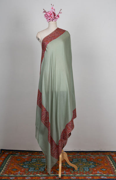 2.5 Yards Sozni Hand Embroidered Shawl in Sage Green with Maroon Paisley Border
