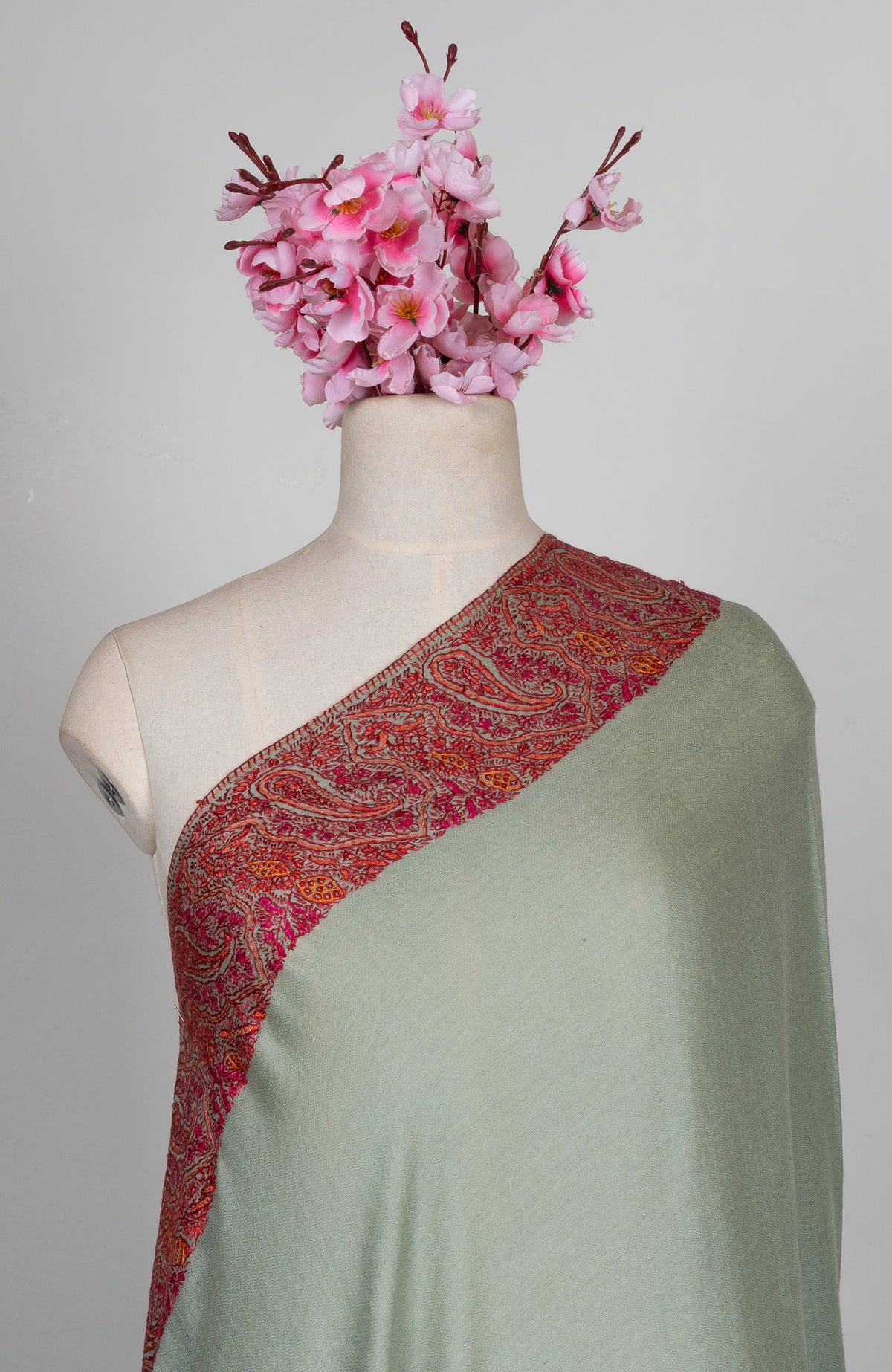 2.5 Yards Sozni Hand Embroidered Shawl in Sage Green with Maroon Paisley Border
