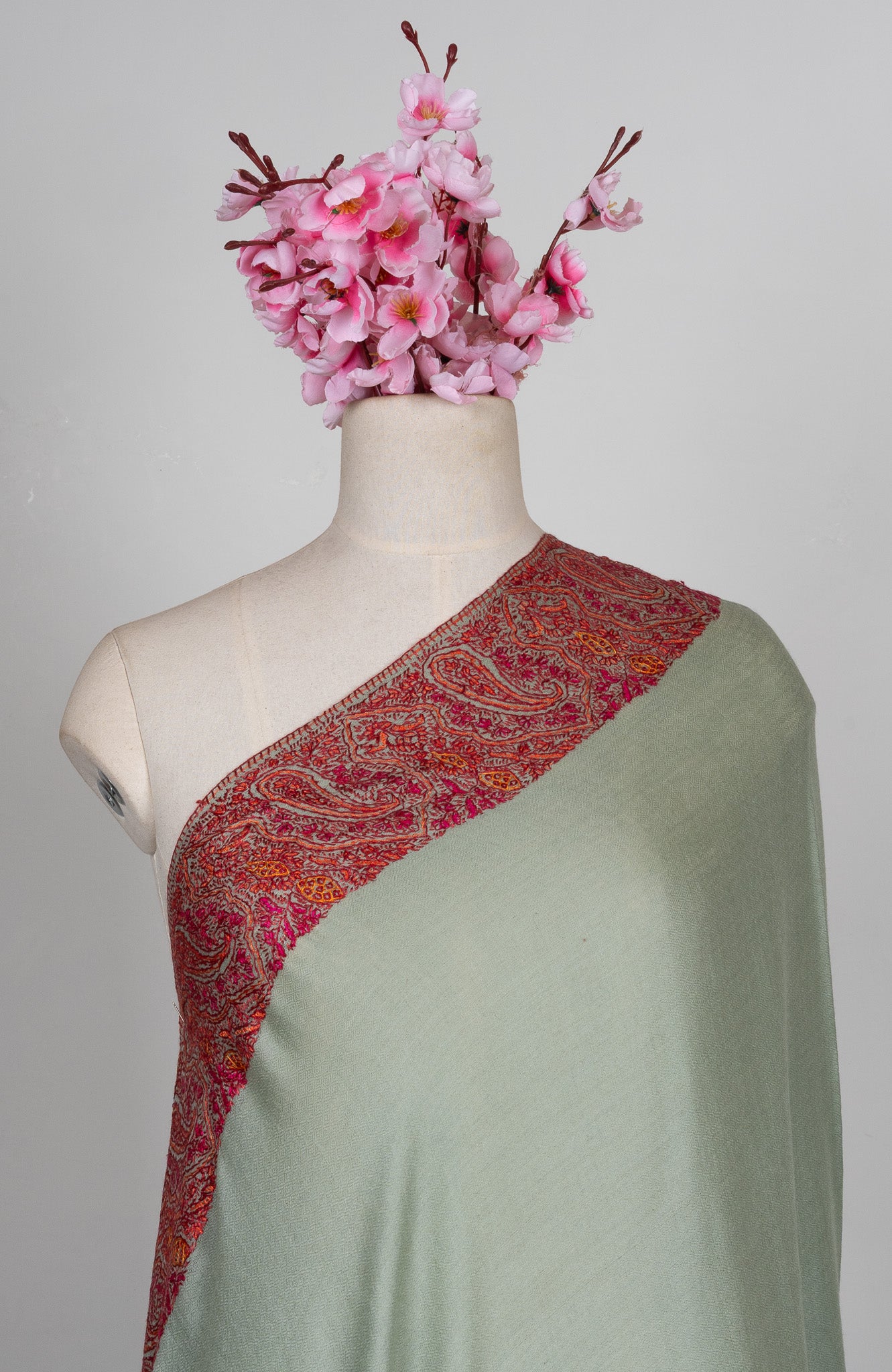 2.5 Yards Sozni Hand Embroidered Shawl in Sage Green with Maroon Paisley Border