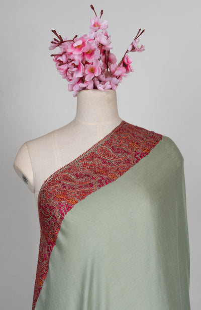 2.5 Yards Sozni Hand Embroidered Shawl in Sage Green with Maroon Paisley Border